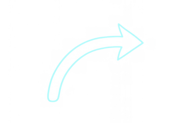 Neon curved arrow pointing right, indicating direction, progress, forward movement, or next step, on transparent background