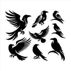 Collection of Nine Black Raven and Eagle Silhouettes in Dynamic Flying Poses.