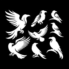 Set of Nine White Bird Silhouettes, Raven and Eagle in Various Dynamic Poses.