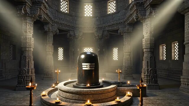 Stone Shiva Linga illuminated by soft golden lamps inside an ancient carved temple hall