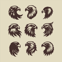 Collection of Nine Vintage Brown Circular Eagle Head Logos for Retro Badges.