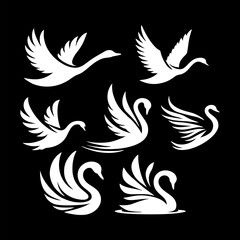 Set of Elegant White Swan Silhouettes Logo Design on Black Background