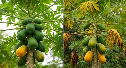 Papaya tree with ripening fruits tropical plant green yellow nat