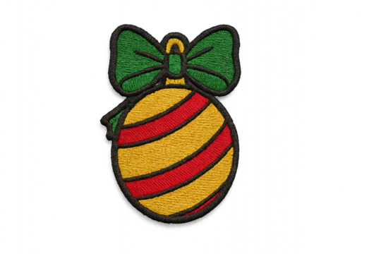 Gold Christmas ball with red stripes and green bow isolated PNG, festive holiday ornament for decoration and graphic design use Embroidery Patch - Powered by Adobe