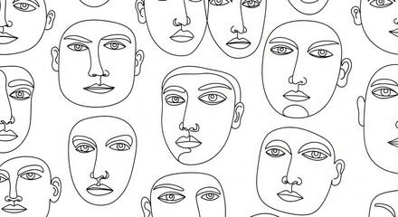 Stylized abstract human faces form a continuous black and white line art pattern against a white background