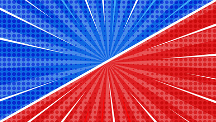 Obraz premium Vibrant Red vs Blue Comic Burst Background with Dynamic Retro Rays, Pop Art Halftone Clash Energy, Explosive Comic Style Sunburst Illustration