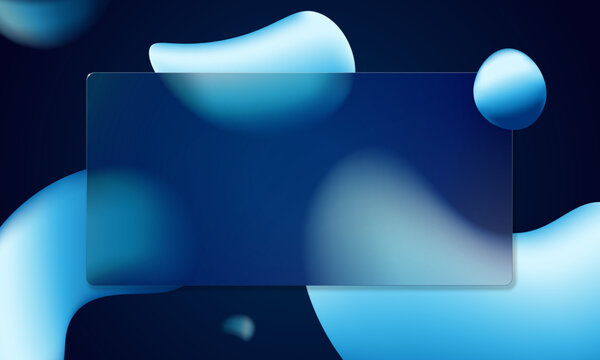 Glassy smooth morphing shapes and frosted glassmorphism texture create luminous blue interface. Blur glass morphism effect and geometric card form sleek digital layout for app, poster and landing