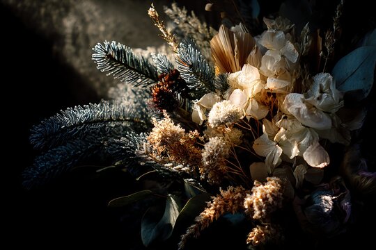 A moody close-up of a winter floral arrangement featuring frosted pine, dried flowers, and golden grasses, bathed in dramatic light.