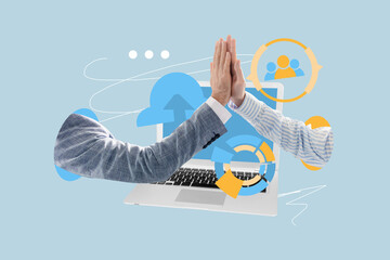 Banner trend sketch template collage of human hands clap high-five gesture freelancer laptop business partners cooperation
