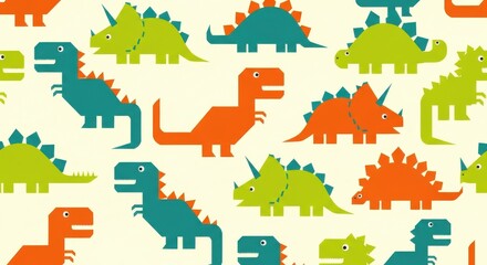Repeating pattern featuring stylized prehistoric reptiles in vibrant color blocks against a light background