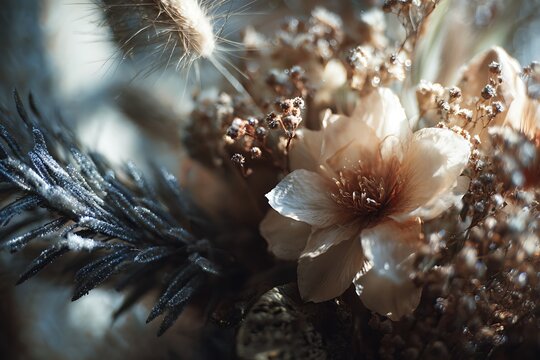 A dreamy macro close-up of delicate dried flowers and frosted botanical elements, showcasing soft focus, bokeh, and sparkling details. - Powered by Adobe