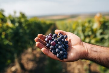 Hand holding fresh ripe grapes in vineyard