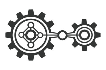 Two linked mechanical gears with circular patterned inlays work together in a monochromatic scheme