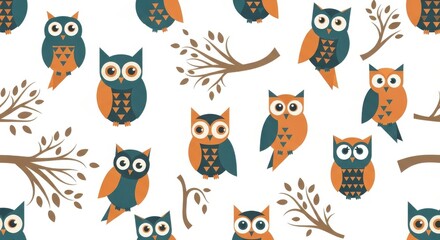 Repeating pattern featuring stylized owls perched among tree branches on a white background
