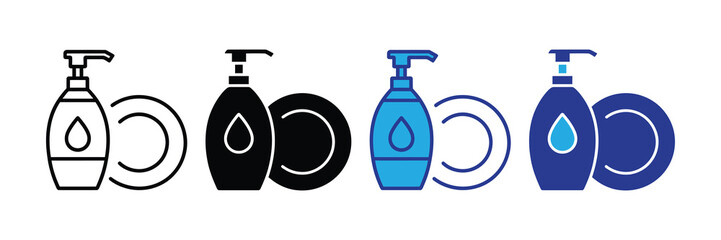Set of dish soap bottle icons with plate symbol, representing cleaning and hygiene. different styles, including outline, solid black, blue flat design, and dark blue filled icon, all isolated on white