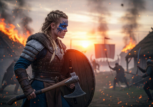 Fierce Viking Shieldmaiden with War Paint Holding Axe and Shield in a Burning Village Battle