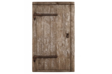 Old rustic wooden door with vintage metal hinges and latch isolated on transparent background