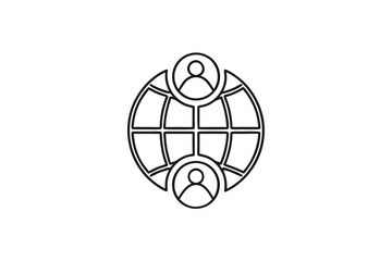 Two minimalist people icons are connected with a black outline globe drawing