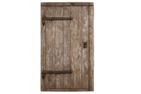 Old rustic wooden door with vintage metal hinges and latch isolated on transparent background