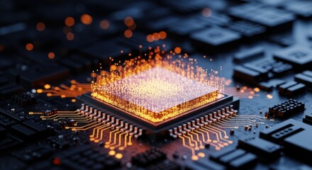 Bright silicon chip glowing with vibrant circuits on dark background showcasing advanced technology in a modern electronics setup
