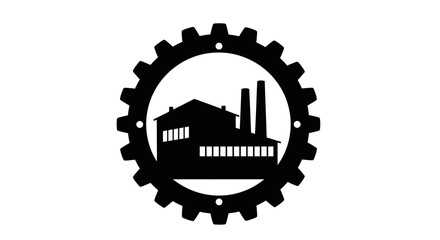 Black and white illustration of a factory inside a gear, symbolizing industry and production. © sanatun