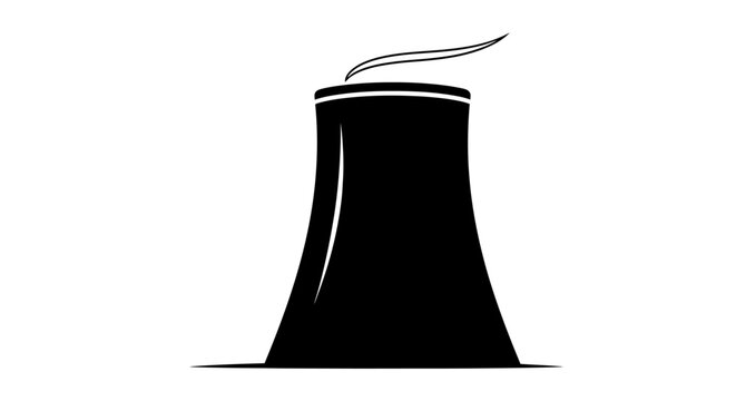 Black and white illustration of a cooling tower with smoke rising from the top, representing energy.