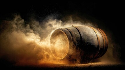 Premium Barrel Rolling Through Golden Dust With Strong Contrast in a Dynamic Scene