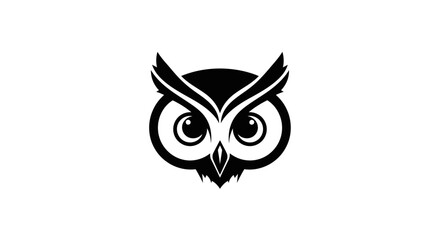 A minimalist black and white illustration of an owl's face with large, round eyes and prominent ear tufts.