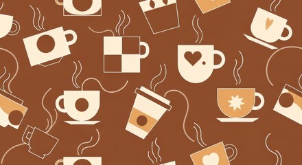 Various steaming beverage containers repeat across a dark brown background in a seamless pattern