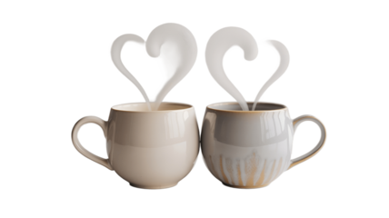 Two mugs of hot beverage with steam shaped like hearts.