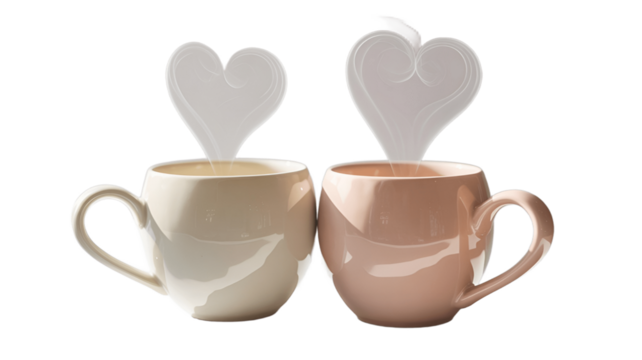 Two mugs of coffee with heart-shaped decorations, representing love and connection.