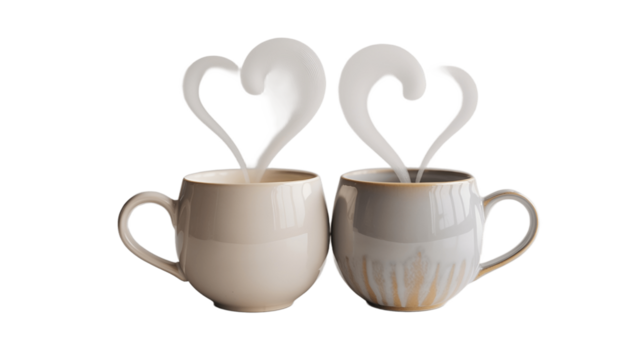 Two mugs of hot beverage with steam shaped like hearts.