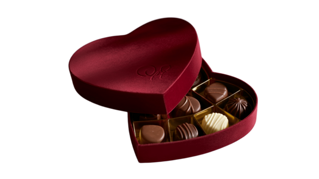 An open heart-shaped box filled with delicious chocolates.
