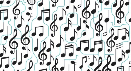 Seamless pattern featuring various black musical notation symbols against a white background with subtle light blue connecting lines
