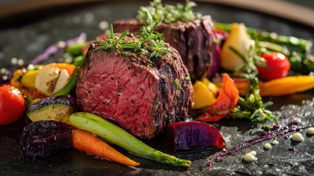 Perfectly grilled medium-rare beef tenderloin steak garnished with fresh rosemary, served on slate with colorful roasted vegetables including carrots, asparagus, beets, and peppers