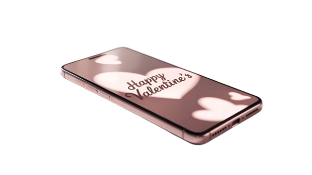 A stylish smartphone with Happy Valentine's on the screen. 