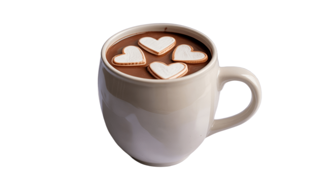 A comforting mug of cocoa topped with heart-shaped marshmallows.