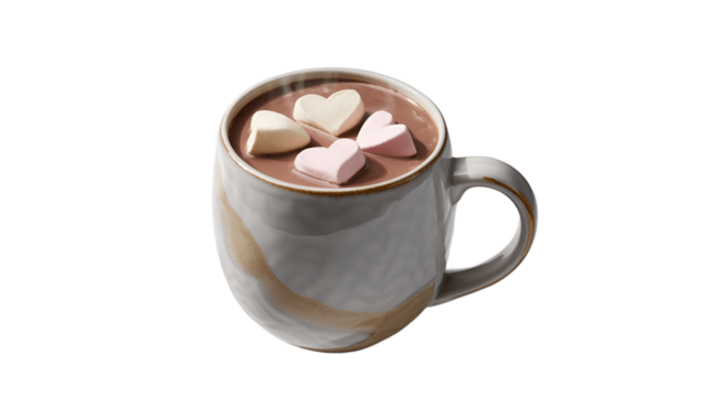 A mug of delicious hot chocolate with heart-shaped marshmallows.