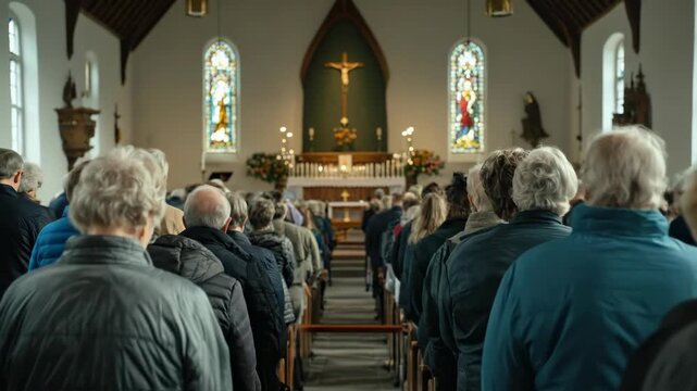 Devout congregation stands respectfully inside a traditional church during a sacred religious ceremony. Elderly community showing reverence and spiritual devotion.
