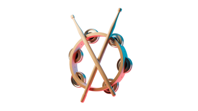 A visually striking image featuring a tambourine and drumsticks set against a soft background.