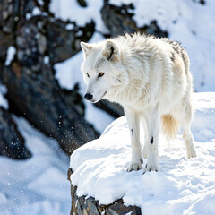 Obraz premium White Wolf Standing on Snowy Rocks in Bright Winter Light
