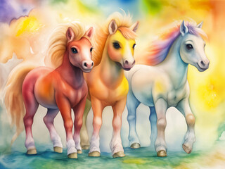 Three little horses painted with watercolors, children's illustration