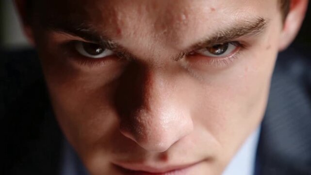 Intense Stare: A man's piercing gaze, conveying a sense of focused determination, looks directly at the viewer, set against a dark background, reflecting concentration.