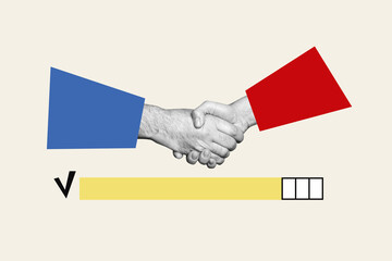 Trend artwork banner sketch photo collage of showing gesture finger hand hold together handshake...