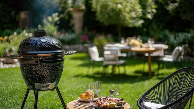 Garden barbecue with ceramic grill and outdoor dining setup in lush backyard