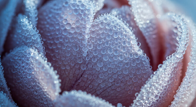 Delicate rose petals adorned with glistening dew drops create serene and beautiful scene