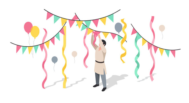 Festive celebration with colorful banners, balloons, and streamers in isometric style
