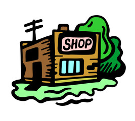 
A bright urban shop with wide windows and a signboard. Color vector illustration, in cartoon style, on a white isolated background
