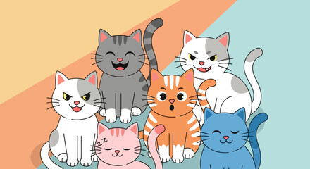 Fototapeta premium Playful cats: bright cartoon style group of colorful felines with cheerful expressions