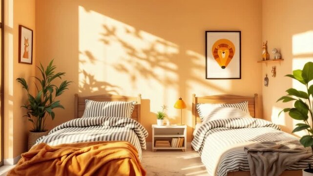 Cozy sunlit bedroom with twin beds and warm decor